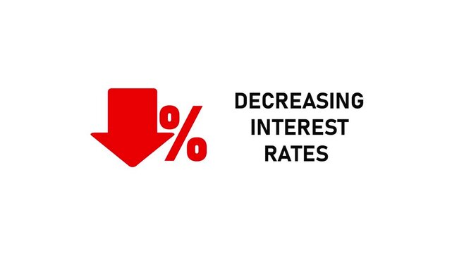 Red downward arrow with percentage symbol and text decreasing interest rates on white background decrease