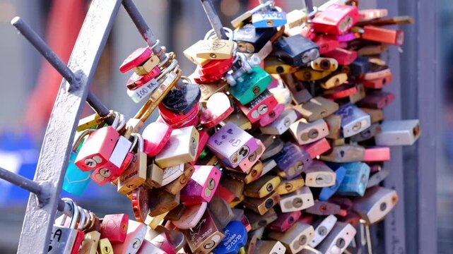 Dozens of love locks on a bridge in Hamburg Germany