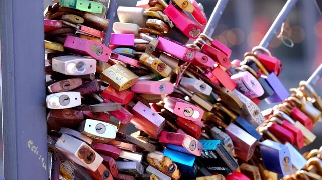 Hundreds of love locks on a metal bridge in a European city