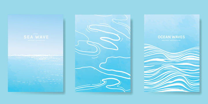 Blue sea and river Card set vector. Poster design with watercolor blue ocean wave pattern backdrop. Modern illustration for cover, banner, website, decor, interior.