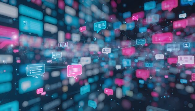Abstract digital background with many floating colorful speech bubbles and message boxes representing social media communication and global connection in a modern network