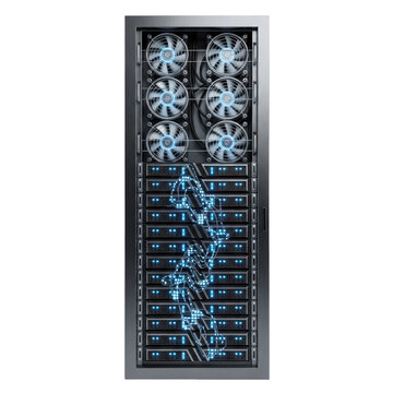 High performance computing server rack with cooling fans and glowing lights.