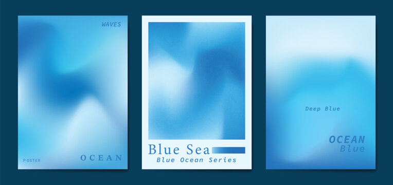 Blue sea and river Card set vector. Poster design with watercolor blue ocean wave pattern backdrop. Modern illustration for cover, banner, website, decor, interior.