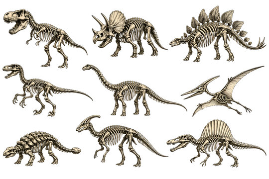 A collection of detailed vintage illustrations showcasing the skeletons of various prehistoric dinosaurs, including T-Rex, Triceratops, and Pterodactyl.