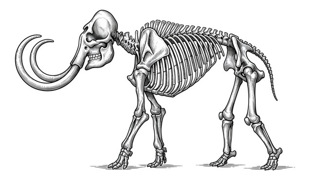 Detailed black and white illustration of a mammoth skeleton, showcasing its large tusks and bone structure.