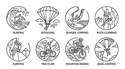 Extreme Sports Icons: Surfing, Skydiving, Bungee, Climbing, Mountain Biking, Base Jumping © Erlin