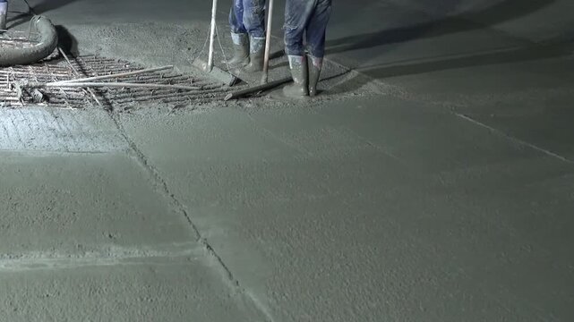 Construction workers in safety boots leveling fresh concrete over steel rebar grid during a night shift [cite: AA_17.jpg]. Detail shot of industrial slab pouring and site operations