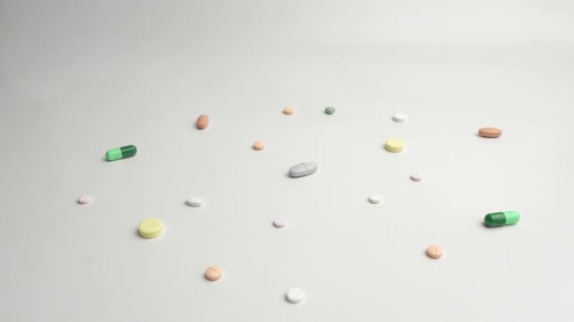 Assorted colorful medicine pills scattered on clean white surface, medium pullback to reveal mixture