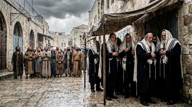 Jewish men in the street. old testament. biblical cinematic scene, background of many people looking up, photorealistic image with natural environment of a very rainy day in jerusalem.