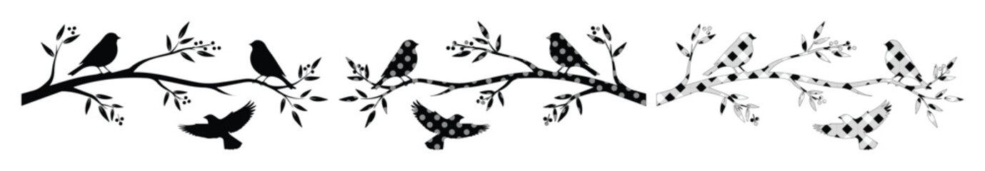 Elegant black and white bird branch vector illustration. Vintage-inspired nature border design. Decorative floral and avian graphic element for wedding invitations, greeting cards © Caleb