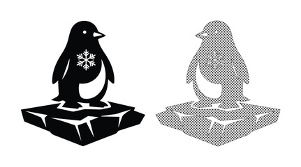 Charming penguin vector illustration, standing on an ice floe, featuring a snowflake emblem, perfect for winter holiday designs and arctic animal themes, black and white graphic asset © Caleb