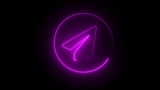 Glowing neon circle and pink color telegram icon symbol forming in darkness abstract communication technology concept digital message 4k video