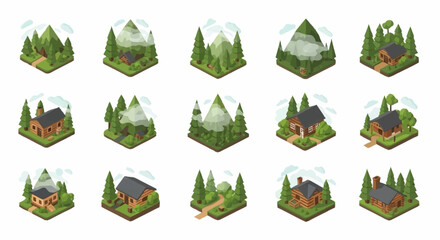 Fototapeta premium Collection of isometric dioramas featuring small wooden houses nestled within lush green forests and mountains.