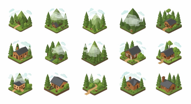 Collection of isometric dioramas featuring small wooden houses nestled within lush green forests and mountains.