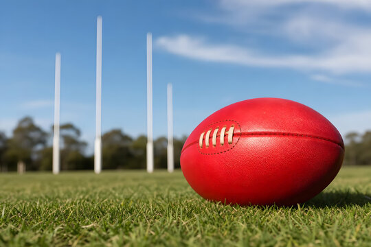 Close-Up of Red Australian Rules Football on Grass Field