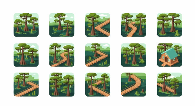 Collection of stylized forest path icons with a small wooden cabin, representing nature and travel.