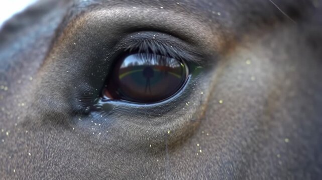 Close-up of a horse's eye with reflection and dust