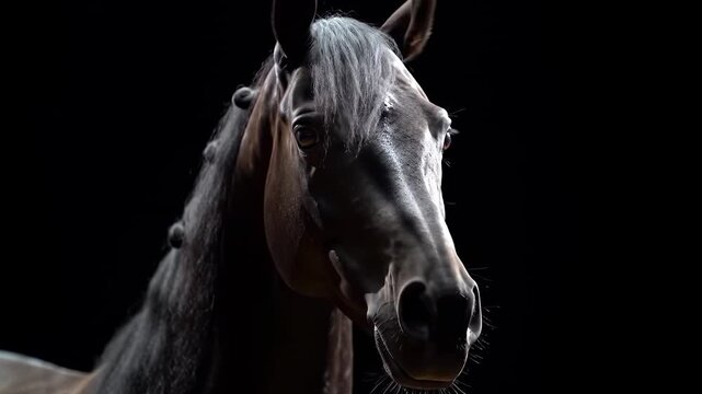 Close-up of a horse's head against a dark backdrop