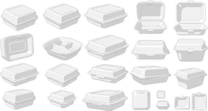 White Foam Styrofoam Food Container Takeaway Box Vector Illustration Set with Various Shapes and Sizes on White Background