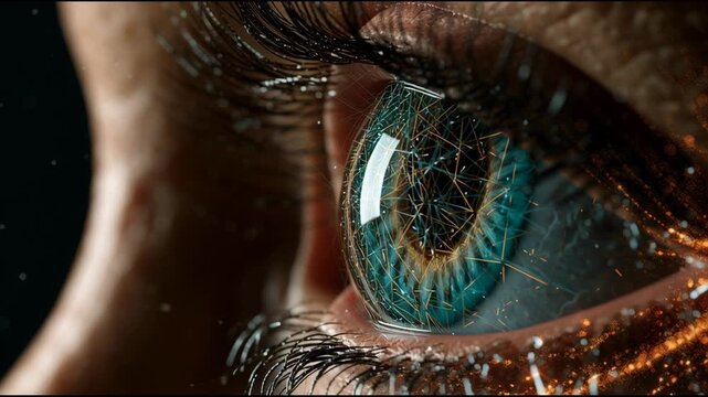 An eye is shown with blue color and light reflections captured in a dark area over several moments. Details of iris and eyelashes are visible.