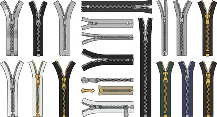 Metal and Plastic Zipper Fastener Vector Illustration Set with Various Colors Styles Open and Closed on White Background © Ratna