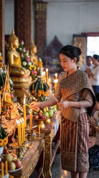 Traditional Lao Woman Lighting Incense at Buddhist Temple Altar