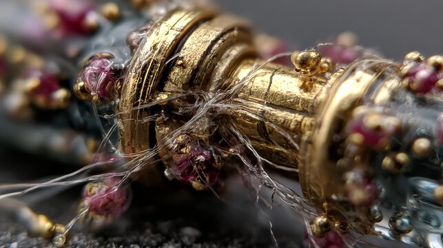 Ornate Antique Gold Artifact Macro Detail with Burgundy Gemstones