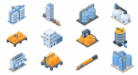 Isometric industrial elements including silos, warehouses, trains, and cargo for logistics and manufacturing concepts. © Rina