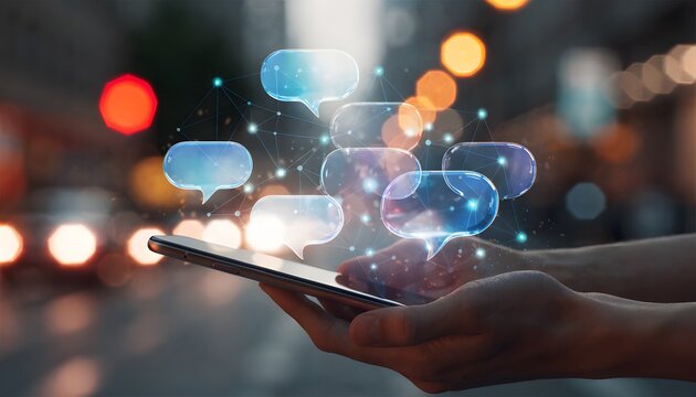 Smartphone showing colorful digital chat bubbles floating above the screen with a blurred night city light background representing social media connectivity and communication
