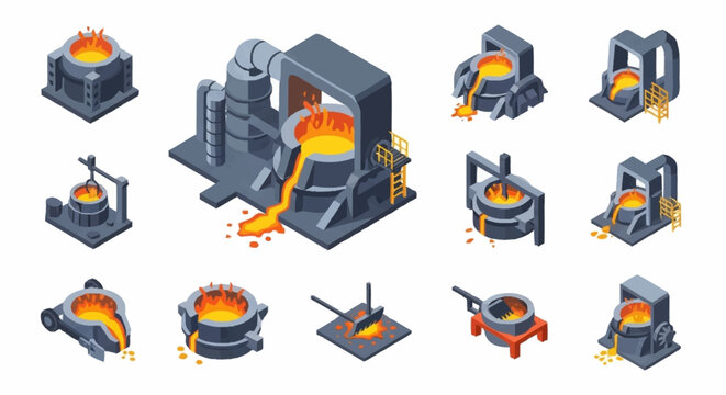 Set of isometric illustrations depicting various stages of the steelmaking process in a foundry.