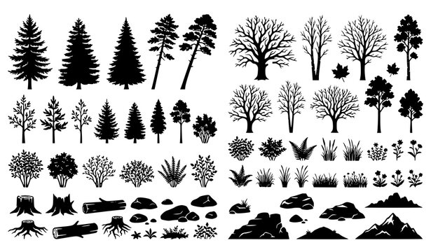 Wilderness Forest Tree Silhouette Set with Natural Landscape Vector Elements