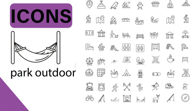 ark Outdoor Recreation and Public Leisure Linear Vector Icon Set Featuring Hammock, Camping Tent, Bench, Playground Slide, and Forest Wildlife