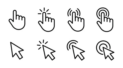 Fototapeta premium Set of eight different cursor icons showing hand and arrow pointers with click effects