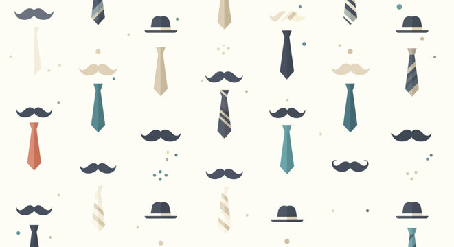 Seamless vector pattern featuring stylized men's accessories including various mustache styles, neckties, and fedora hats in a flat design with a neutral color palette on white background.
