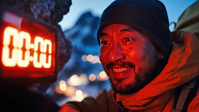 A smiling man in winter gear looks at a timer in a scenic outdoor setting