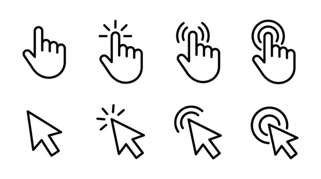 Set of eight different cursor icons showing hand and arrow pointers with click effects