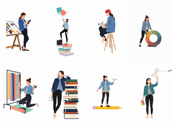 Fototapeta premium Flat Vector Illustrations of a Female Creative Designer Engaged in Various Activities Like Sketching, Choosing Colors, and Fabric Selection