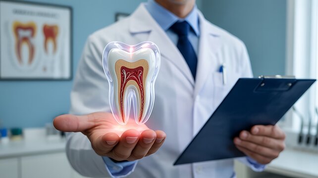 Dentist holding digital tooth icon with clipboard in modern dental healthcare concept