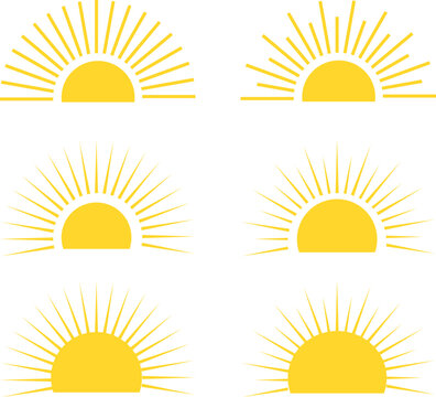 Simple yellow half sun element set. Hand drawn vector sunburst collection. Flat illustration for summer vacation design. Cute sunset dawn shape icon.