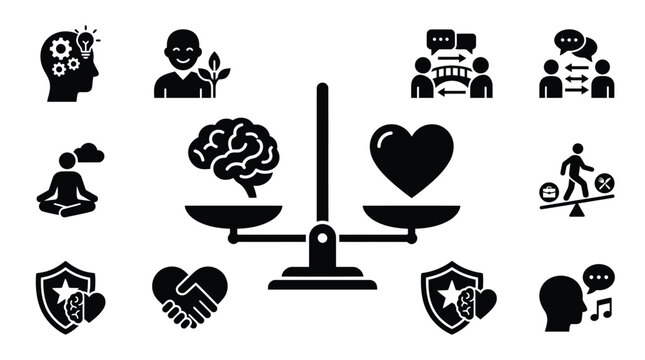Balance scale featuring a brain and a heart signifies the intersection of emotional intelligence and rational thought within personal development and mental health wellness communication concepts.