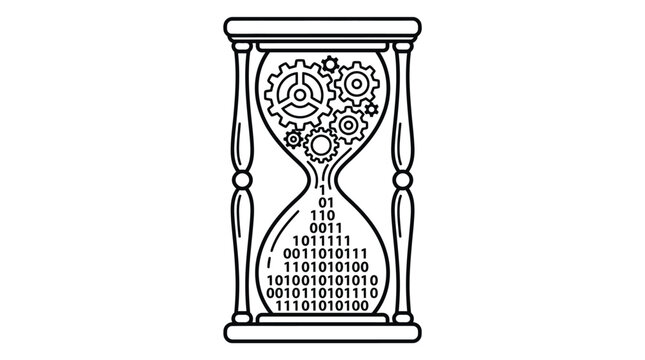 Hourglass filled with mechanical gears and binary code demonstrates the rapid transformation of traditional time management through advanced digital automation and computational processing.