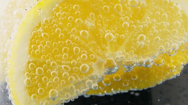 Effervescent bubbles coat a ripe lemon slice in a refreshing gin and tonic cocktail.
