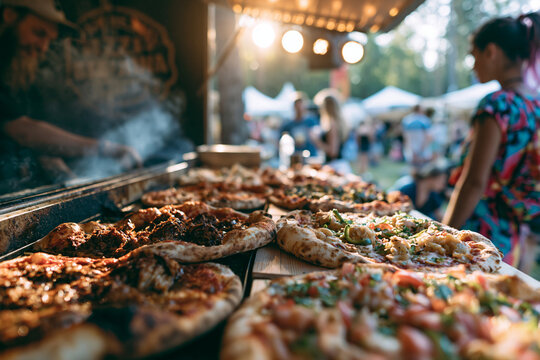 pizza truck in summer music festival with selective focus