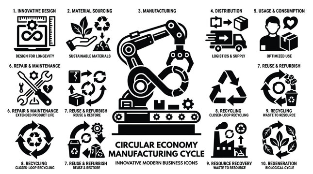 Manufacturing cycle icons illustrate the steps involved in a circular economy model including design, material sourcing, logistics, repair, recycling, and resource recovery for sustainable industry.
