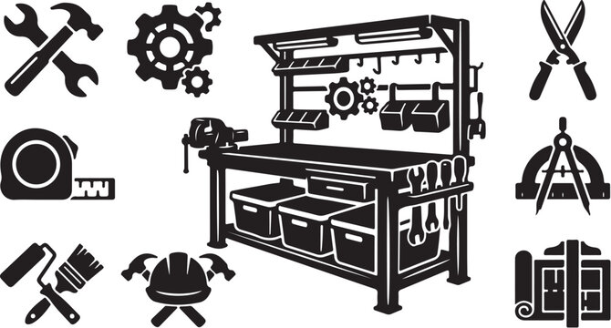 Black and white workshop tools and equipment illustration
