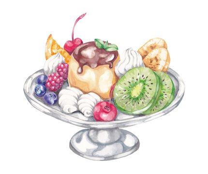 Hand-painted watercolor illustration of Japanese cr&egrave;me caramel, custard pudding, with fruits, isolated on white background