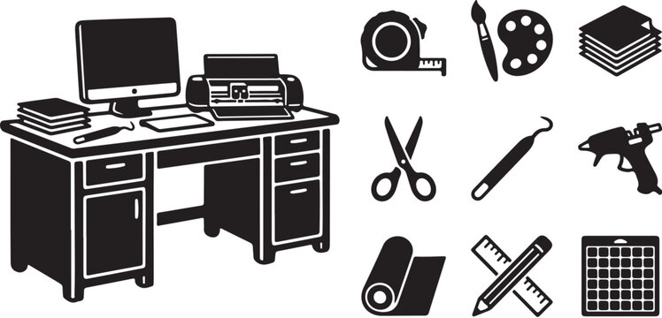Office Desk with Various Stationery and Tools