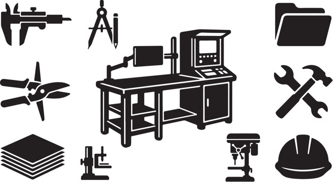 Black and white workshop tools and equipment illustration