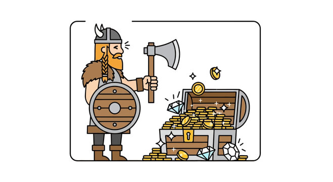 Viking Warrior with Treasure Chest Full of Gold Coins and Diamonds