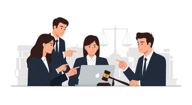 Lawyers arguing in a courtroom with scales of justice and books in the background